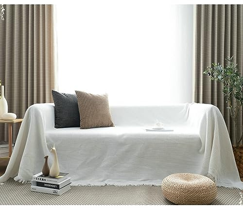 Daesar Sofabezug rutschfest 180x300CM, Couch Überzug Ecksofa 3 Sitzer Weiß mit Quasten Sofa Überzug Baumwolle Universal Bezug Sofa 180x300CM
