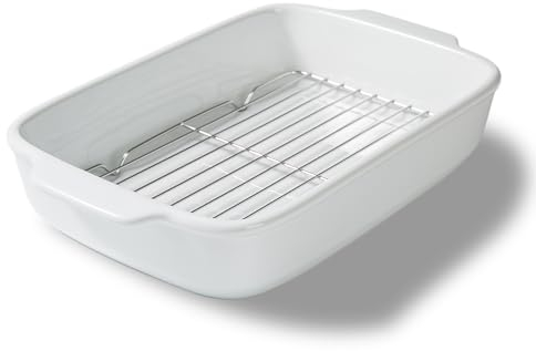 Magclay Ceramic Baking Dish with Rack, 13x9 Inches Rectangular Roasting Pan, Bakeware Casserole Dish with Handle, Lasagna Pan for Cooking, White, MCY00029