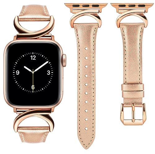 TOYOUTHS Leather Strap Compatible with Apple Watch Straps 41mm 40mm 42mm 38mm Women Slim Thin Dressy Strap with C-Shaped Metal Buckle for iWatch Series 11 10 9 8 7 6 5 4 SE 3 2 1, Rose Gold/Rose Gold