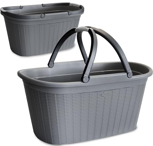 2x Wäschekorb 35 Liter hell-grau mit 2 Henkeln - 57,5x37x29 cm Rattan-Design ohne Löcher Haushaltskorb Wäschewanne Tragekorb Wäschesammler Wäschesortierer Wäschebox - Aufbewahrung Kunststoff