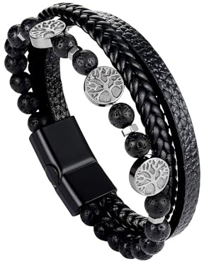 Dochais Bracelet Homme En Cuir Véritable, Viking Arbre De Vie, Pierre Naturelle Tressée, Avec Fermoir, Noir/Brun