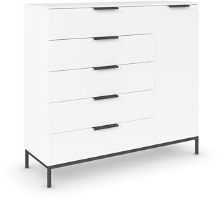 Rauch Möbel Flipp, Kommode, Farbe Weiß, Breite 120 cm | Sideboard, 1-türig, 5 Schubladen, Soft-Close, Griffe, Metallkufe Graphit für Schlafzimmer, Gästezimmer, Wohnzimmer
