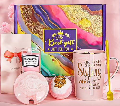 Doublewhale Sister Birthday Gifts, Sister Gifts from Sisters Brother, Unique Christmas Presents for Sisters, Sis, Her, Bestie, Coffee Mug Set with Gold Print, Bath Ball, Aroma, Lid, Spoon, Gift Box | Christmas Presents for Sisters,Her, Bestie, 14OZ Coffee Mug Set with Gold Print, Bath Ball, Gift Box, Dishwasher Safe