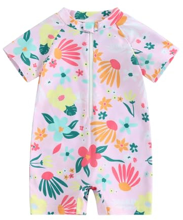 Geagodelia Toddler Baby Girl Swimming Costume Short Sleeve Zip Up Floral Swimsuit Sun Protection Swim Wetsuit Rash Guard Swimwear One Piece Bathing Suits Summer Beachwear (Floral Pink, 12-18 Months)