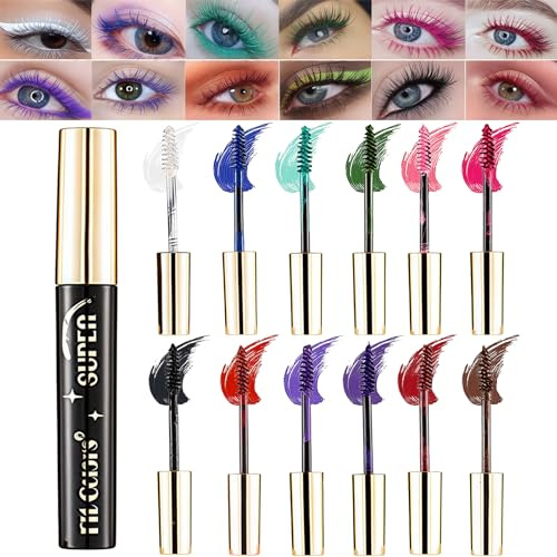 Mascara Colorato, 12 Colori Mascara Colorati per Ciglia, Mascaras Verde Blu Viola Impermeabile Lunga Durata a Prova di Sbavature, per Ciglia in Fibra 3D Voluminoso Trucco Ciglia