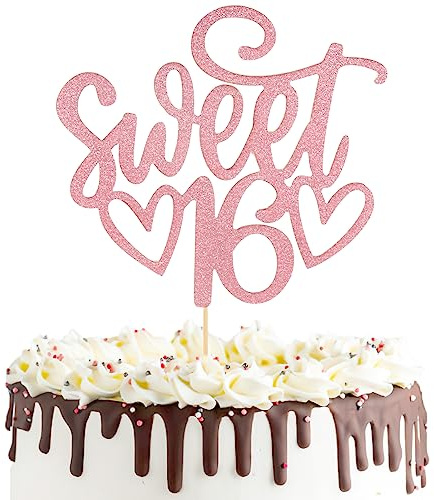 16th Birthday Cake Topper,1 Pack Sweet Teenager Glitter Cheers to 16 Years Old Cake Handmade Decorations Sign Personalised Party Supplies for Girls Delivery Theme Personalised Banner Rosegold