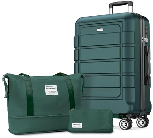 SHOWKOO Koffer Groß Hartschale Leicht ABS+PC Erweiterbar Reisekoffer Haltbar Handgepäck Sets 4 Rollen TSA-Schloss mit 1 Reisetasche und 1 Kulturtasche, XL -Armeegrün