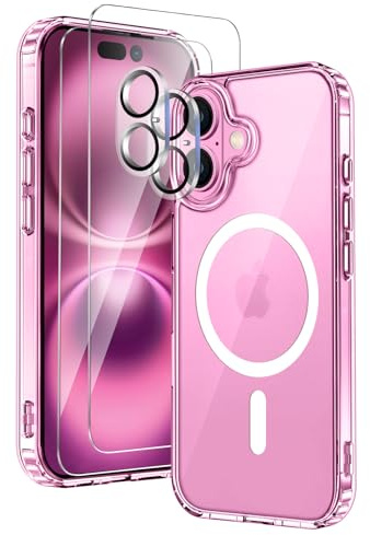 COPIKE Funda Magnética para iPhone 16 con 2 Cristal Templado y 2 Protector Cámara, Compatible con MagSafe, Carcasa Antigolpes Anti-Amarillo Tapa Trasera Resistente Arañazos, Transparent