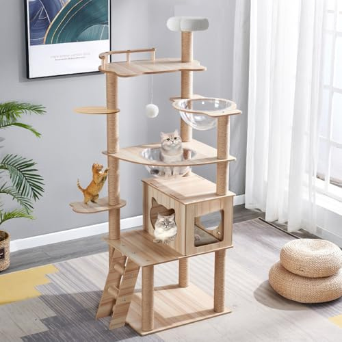 B12 Kratzbaum für Indoor-Katzen, große Erwachsene, Katzenbaum mit Höhle, Katzentreppe, 2 Näpfe, 14 Sisal-Kratzstämme, Sitzstange, mit gepolstertem Plattformbett, Spielzeugbälle, großer