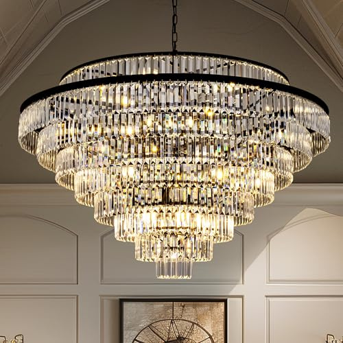 Wellmet Large Crystal Chandelier, 48’’ Black Farmhouse Chandelier, 9 Tier Luxury Crystal Pendant Light, for Living Room, Entryway, Dining Room, Hallway, Restaurant
