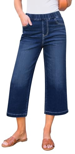 GRAPENT Womens Capris Jeans for Women Trendy Stretch Dark Wash Jeans Women Pull on Wide Leg Pull on Pants for Summer Womens Wide Leg Pants Color Darkness Blue X-Large Size 16 to 18