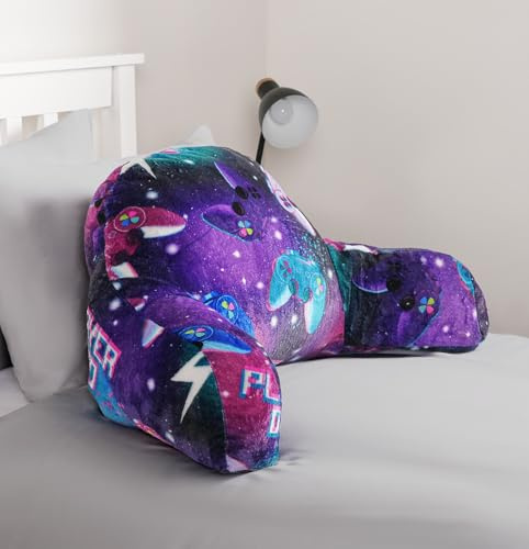OHS Cuddle Cushion for Kids, Gamer Gifts for Boys Girls Reading Pillow Super Soft Cosy Fleece Gaming Cushion with Arms Backrest Kids Cushions Sit Up in Bed Pillow Relaxing Comfy, Purple Neon