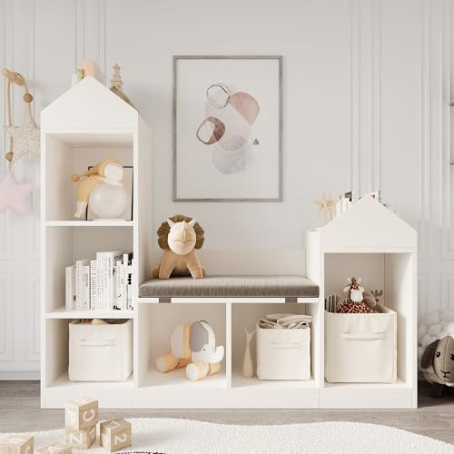 Litake Spielzeugregal Kinderregal mit 8 Fächern und 1 Kissen, Bücherregal Kinder und Spielzeugregal 2-in-1 Bücherschrank für Kinderzimmer Schlafzimmer Weiß 121 x 30 x 108 cm