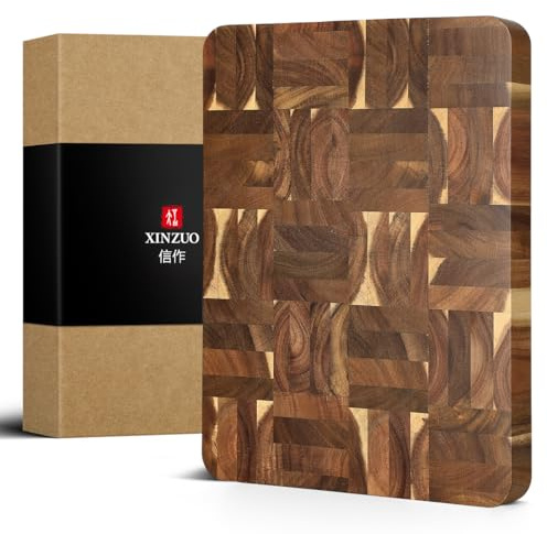 XINZUO Large Thick End Grain Acacia Wood Cutting Board -(16''L x 12''W x 1.6''T)-Dark Wood Cutting Board,Reversible Wooden Chopping Board with Non-Slip Feet-Catches Food and Waste-Giftbox