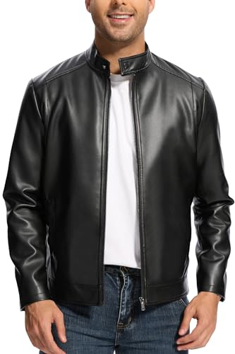 Fahsyee Leather Jacket Men Lightweight Motorcycle Jackets Men's Stand Collar Bomber Coat with Pockets and Zip Size L, Black