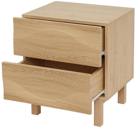 Awhtixbo Nachttisch aus Massivholz, Nachtschrank mit 2 gewellten Schubladen & geriffelten Paneelen, Boho Nachtkommode für Boxspringbett (48x40x55cm), Eichenoptik mit Gummibaumholzbeinen