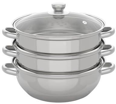 1 Set Vaporiera a induzione in acciaio inox a 3 livelli, Vaporiera for verdure con coperchio in vetro, Cuocitore a vapore for alimenti, Diametro 28 cm, con manici freddi
