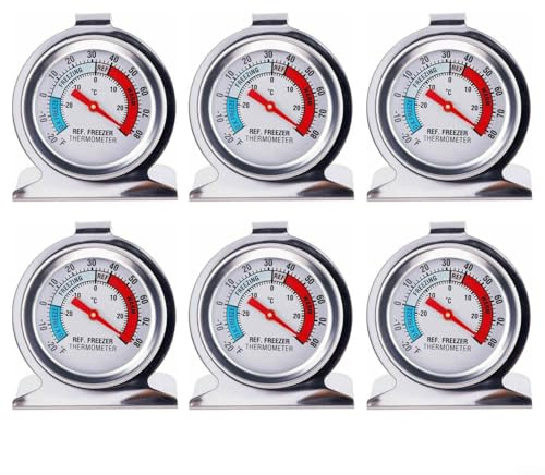 Zeroupshop 6 PCS Kitchen Fridge Freezer Thermometer, Refrigerator Temperature Dial Design Stainless Steel with Hanging Hook and Stand, Easy to Read(6 PCS)
