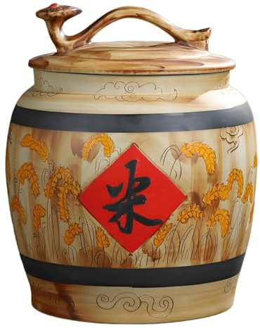 SJHPZG Seau de Riz en céramique Chinois, Distributeur de Grains de Cylindre de Riz Classique avec Couvercle Grand Pot de Stockage Alimentaire pour Nouilles collations de Riz