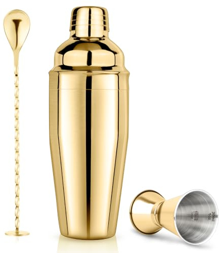 Cocktail Shaker Set 750ml Cocktailshaker MartiniShaker eingebautem Sieb | Professionelles Edelstahl Barkeeper Set inkl Messbecher, Bar-Löffel - Für Martini, Margarita & Mixgetränke, Gold