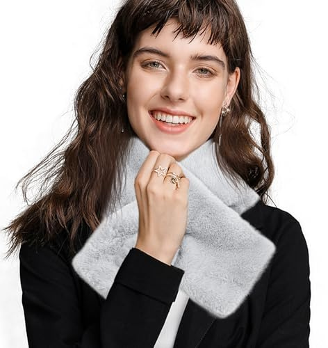 Qincycle Faux Fur Loop Scarf for Women - Grey Neck Warmer Winter Thick Collar & Machine Washable