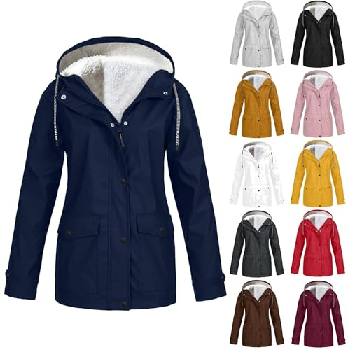 RLEHJN Veste Hiver Femme Chaude Imperméable Veste Coupe Vent Imperméable Doublée Polaire Femme Vestes À Capuche De Randonnée Couleur Unie Manteau Épaissir Ample Décontractée Outwear Avec Poche