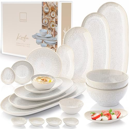 SÄNGER Servierplatten Korfu 15 tlg, Schalen & Teller Set, Geschirrset | Steingut inkl. Servierplatten & Müsli & Dipschalen, Servierset Spülmaschinenfest Creme sandige Maserung