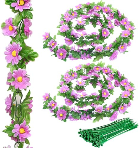 ZenyTra 2er Set Lila Sonnenblumen Girlanden - 2x 2,1m Lange Künstliche Blumengirlanden Mit 120 Lila Sonnenblumen Für Garten, Hochzeitsdeko, Balkon, Wohnzimmer Deko，Rosen Girland (Inkl. 20 Kabelbinder)