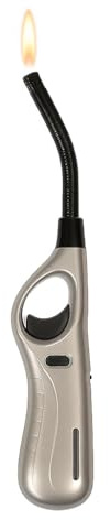 Flexible Refillable Candle Lighter – Long Bendy Nozzle Butane Gas Lighter for Candles, BBQ, Grill, Fireplace & Kitchen – Adjustable Windproof Flame, Safety Lock, Ergonomic Handle, Reusable (GREY)