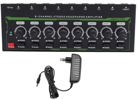 ZenithAur 8-kanals hörlursförstärkare med DC 12V strömförsörjning, 8 individuella volymrattar och 6,35 mm kontakter, en stereohörlursfördelare för professionell scenbruk