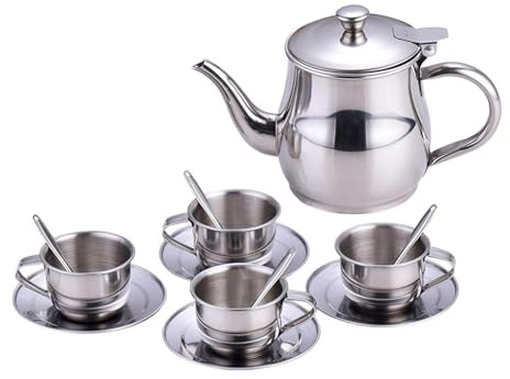 Juego de té para niños – Juguetes de cocina de acero inoxidable 304 | Juego de teteras y tazas resistentes para niños pequeños y preescolares, juego de té ligero de metal para juegos de rol