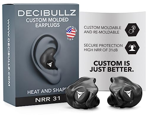 Decibullz - Custom Molded Earplugs, 31dB Highest NRR, Comfortable Hearing Protection for Shooting, Travel, Swimming, Work and Concerts (Black)