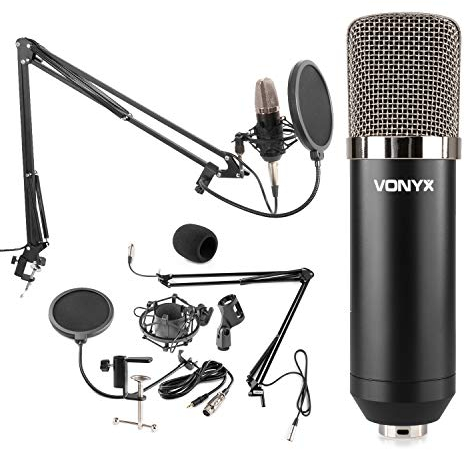 VONYX CMS400 Microphone de Studio Argenté - Ensemble Microphone à Condensateur avec Bras Réglable et Filtre Anti-Pop, Alimentation Fantôme 48 Volts, Connexion Directe à Un Ordinateur (Jack 3,5mm)