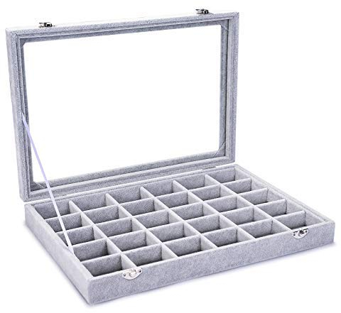 BASUWELL 30 Grids Velvet Glass Jewellery Ring Bracelet Display Organiser Case Holder Earrings Storage Box