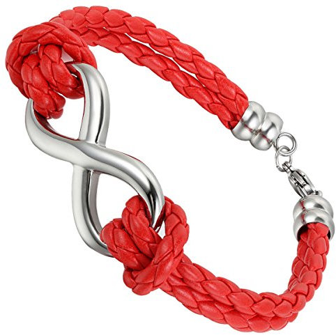 Flongo Edelstahl Leder Armband Armreifen Kordelkette Rot Silber Infinity Unendlichkeit Lieben Zeichen Symbol 8 Motorradfahrer Biker Damen