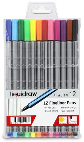 Liquidraw Fineliner Colouring Pens - 12 Pack | 0.4 mm Fine Tip | Assorted Vibrant Colours | Innovative Design Ideal for School, Work & Office Use | Easy Storage See-Through Wallet | Fade Resistant