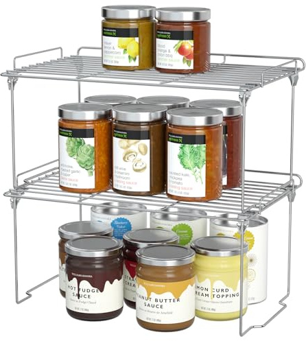 HapiRm Spice Rack Cupboard Organiser - Set of 2 Foldable Shelf Organiser, Stainless Steel Kitchen Shelf Organiser Stackable, Pantry Storage Solutions, Plate Shelf Organisers for Kitchen