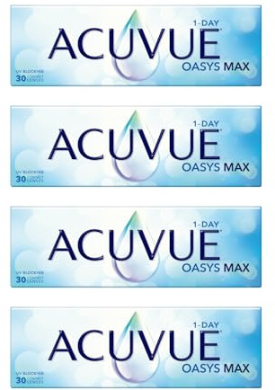 ACUVUE OASYS MAX 1-Day, lenti a contatto giornaliere; Comfort tutto il giorno e visione nitida, filtrano la maggior parte della luce blu-viola;+1.00 diottrie; BC 9.0; DIA 14.30; 30 lenti