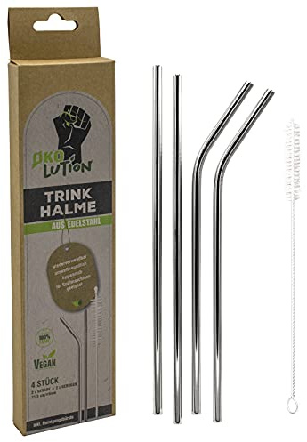 Ökolution Edelstahl Trinkhalme, 4 Stück mit Reinigungsbürste, jeweils 2 gerade und 2 gebogene wiederverwendbare Strohhalme, Länge 21,5 cm