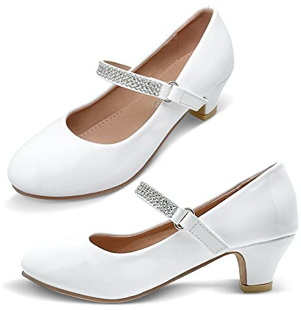 BESSIVIC Girls Dress Shoes Mary Jane Shoes for Girls with Low Heel, Princess Flower Ballet Flats for Wedding School Party White US 1