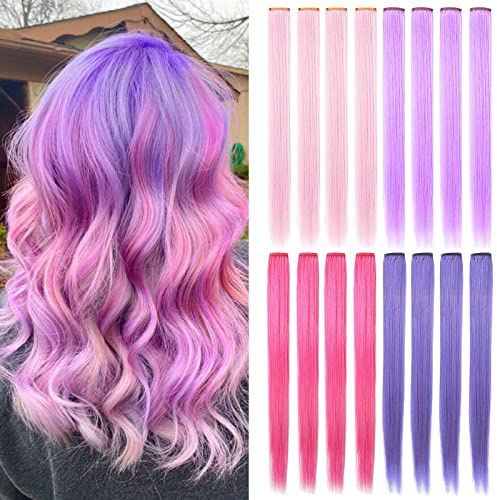 SHKJCHP Colored Hair Extensions Clip in Damen Fashion Hairpieces 21/55cm Long Straight Hair Heat Resistant Girls Wig Pieces For Women Cosplay 12PSC (Light pink,Light purple,Pink,Lavender)