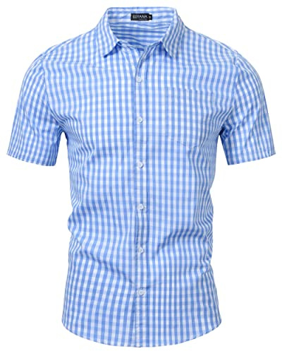 LUYANA Kariert Oktoberfest Hemd Herren Kurzarm Trachtenhemd Hellblau 3XL