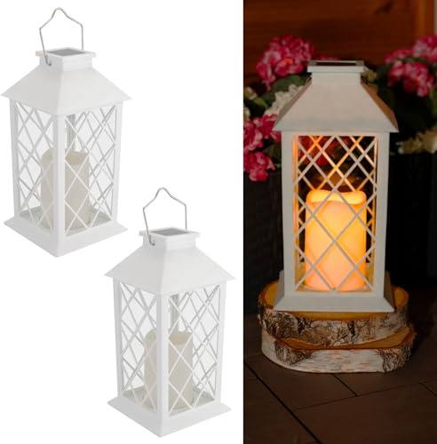LUMILED 2x Set Solarlaterne Außen Solar Laternen Draußen LED Glas Laterne Solarleuchte Kerze Flammeneffekte Kerzenlaterne IP44 Vintage Weiß Hängend Dekorative Außenleuchte Gartenlampe