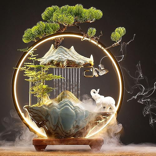 Fontaine à Eau de Table - Cascade D'intérieur avec Lumière LED Ronde - Ornements en Céramique - Mist Maker et Porte-encens - Fontaine d'eau de Relaxation pour Décor de Bureau à Domicile,B