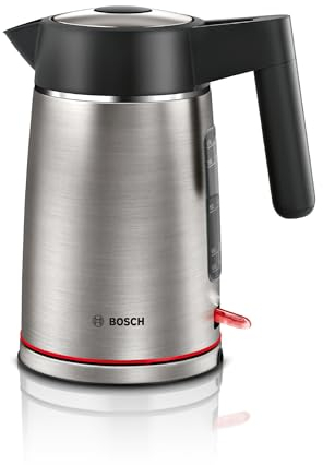 Bosch kabelloser Wasserkocher MyMoment TWK6M480, Abschaltautomatik, Überhitzungsschutz, Tassenanzeige, Dampfstopp-Automatik, Trockengehschutz, entnehmbarer Kalkfilter, 1,7 L, 2400 W, Edelstahl