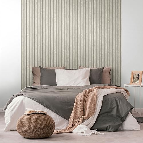 K&L Wall Art Papier peint aspect bois 3D Panneaux muraux en bois acoustiques argenté Gris Papier peint intissé à lamelles Gris clair