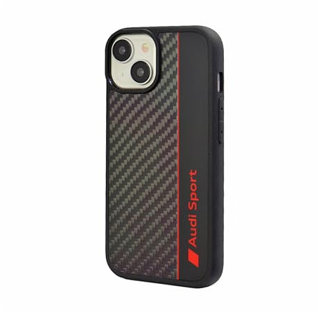 Audi Sport Handyhülle - Kompatibel mit iPhone 15 - Stoßabsorbierende Hülle mit Carbon - mit präzisen Aussparungen für Kamera, Anschlüssen & Tasten - Schwarz mit roten Details
