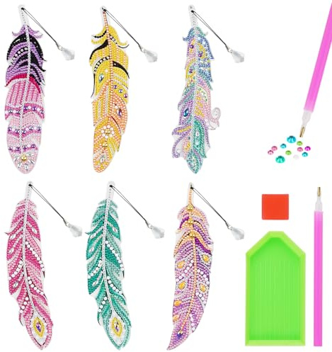 AUAUY 6 Stück Diamond Painting Lesezeichen Set, Feder Form, mit Kristall | 5D DIY Diamant Malerei Schlüsselanhänger, Bookmark Feder Form Strass mit Anhänger, für Seiten Markierungen Weihnachten