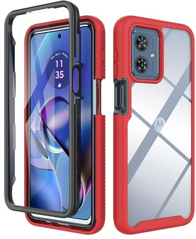 ESTH® Funda para Motorola Moto G54 5G [Protección Completa Anti-caída de 360°] Carcasa Transparente de Grado Militar con Protector de Pantalla Incorporada, Rojo