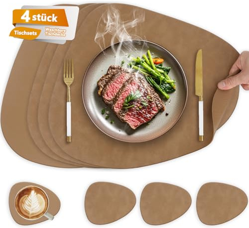Premium Tischset aus Leder-Imitat - Kunstleder Platzset abwaschbar und wasserdicht Braun T4